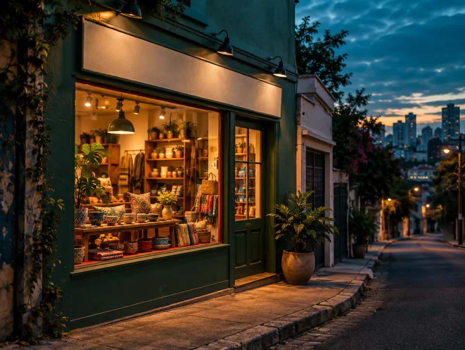 Fachada de loja de bairro ao anoitecer, com a vitrine iluminada e a rua vazia