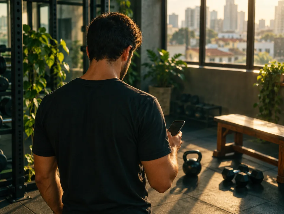 Personal trainer de costas, numa academia de bairro ao amanhecer, olhando o celular
