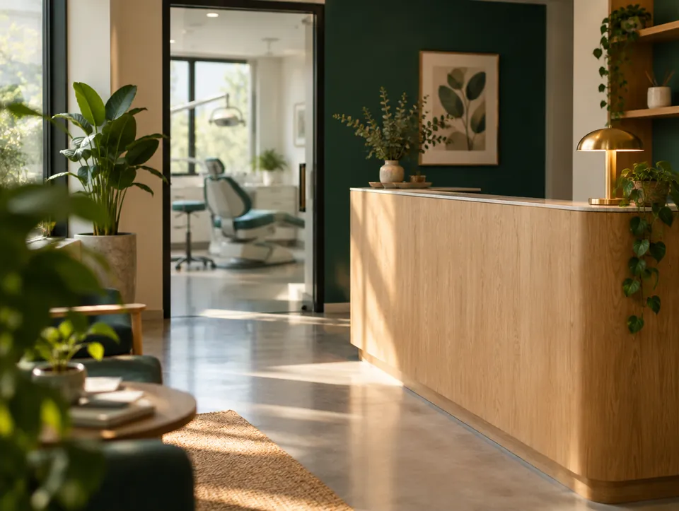 Recepção de clínica odontológica com balcão de madeira clara, parede verde e plantas, sob luz natural